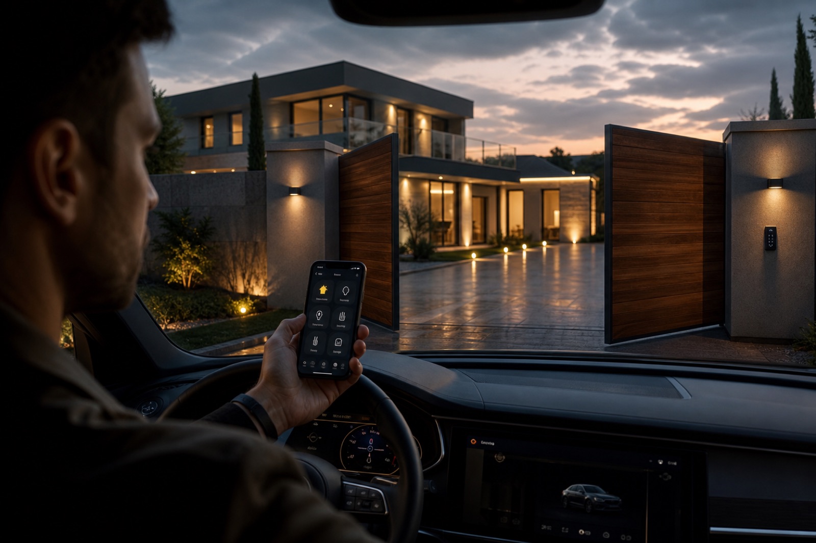 Arriving home and opening the gate, lights and heating from a phone